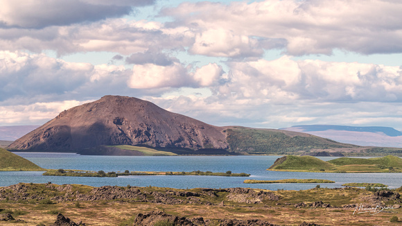 Iceland - Vindbelgjarfjall and Myvatn lake, seen from the lavafields, Dimmuborgir